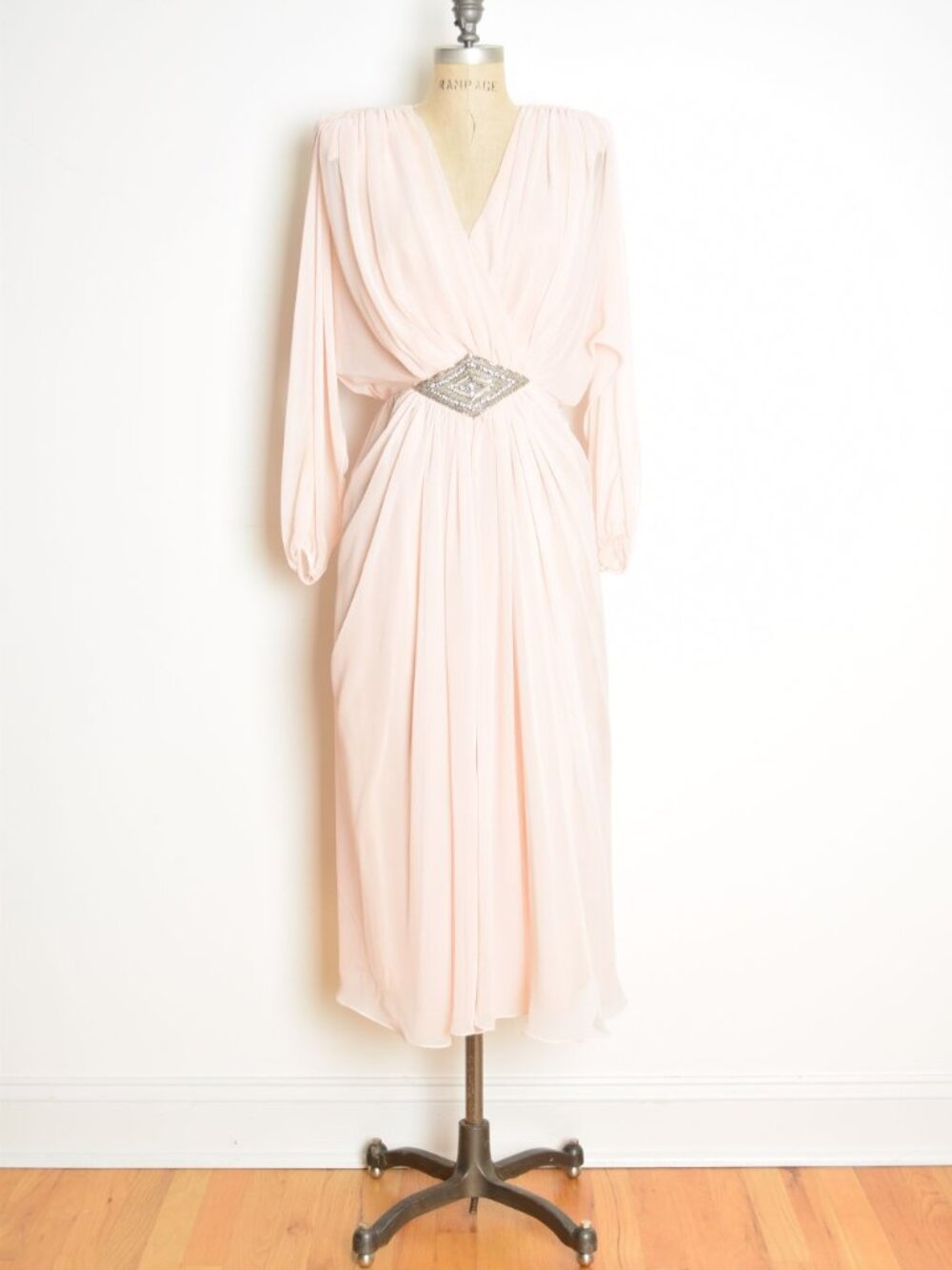 vintage 80s dress MISS ELLIETTE blush chiffon draped disco dolman cocktail M